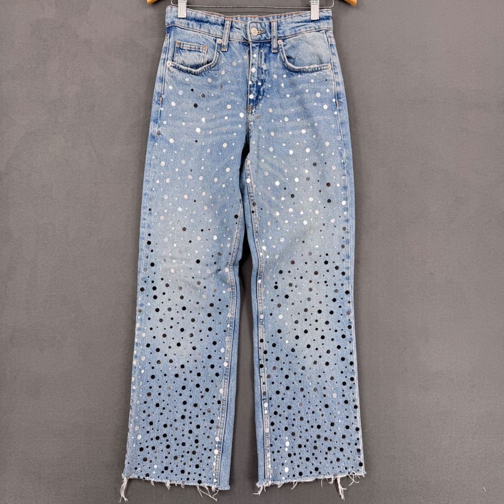 Zara Mirror Embellished Jeans Women 26 Blue Light Wash Disco Glam Straight Leg